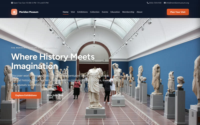 Meridian Museum website design example, desktop view