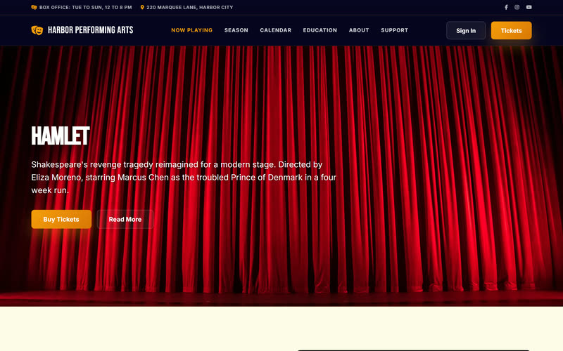 Arts Calendar website design example, desktop view