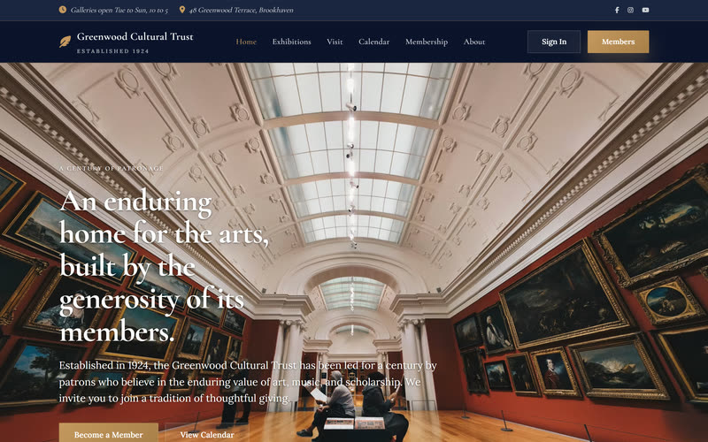 Patron website design example, desktop view