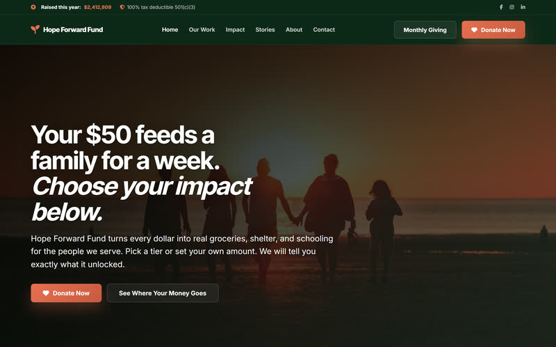 Donation Forward website design example, desktop view