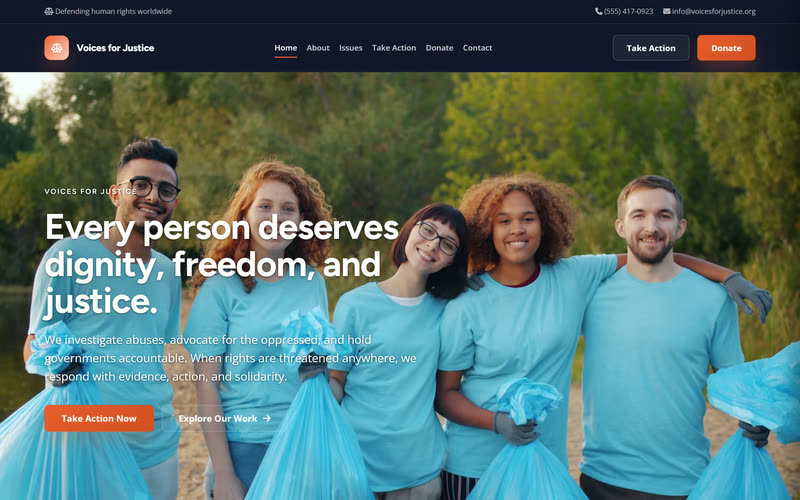 Human Rights website design example, desktop view
