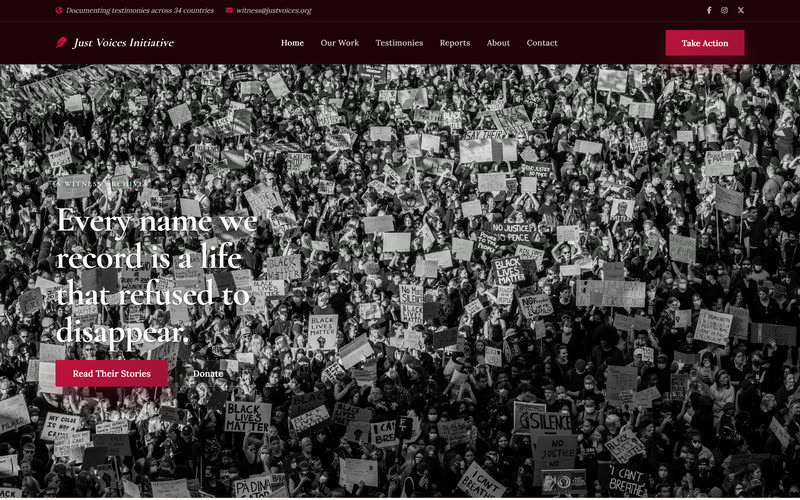 Witness website design example, desktop view