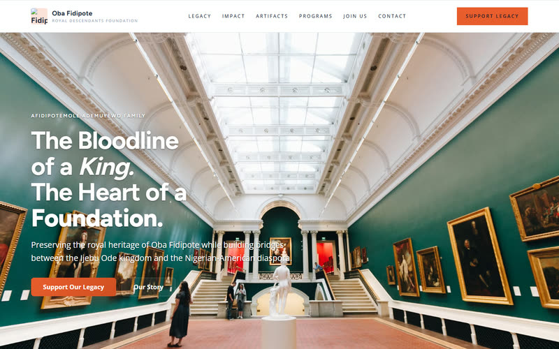 Royal Legacy website design example, desktop view
